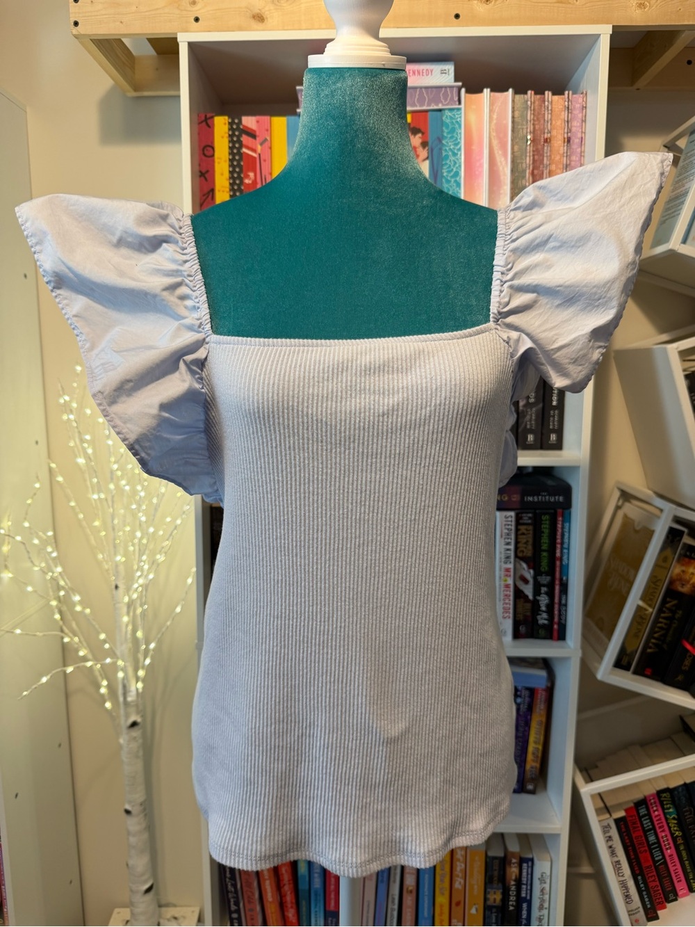 a new day Ribbed Square Neck Puff Sleeve Top - Light Blue